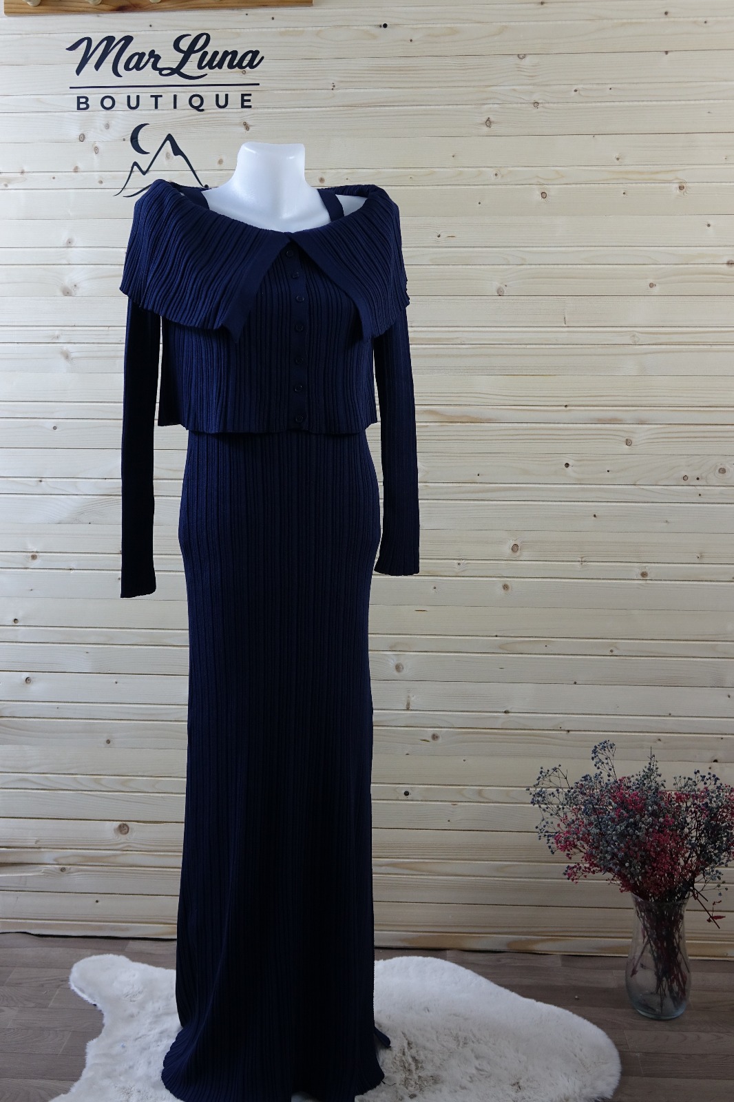 İki Parça Omuz Detaylı Fitilli Triko Takım – Lacivert Maxi Elbise & Crop Üst | MarLuna Elegant Knit Set