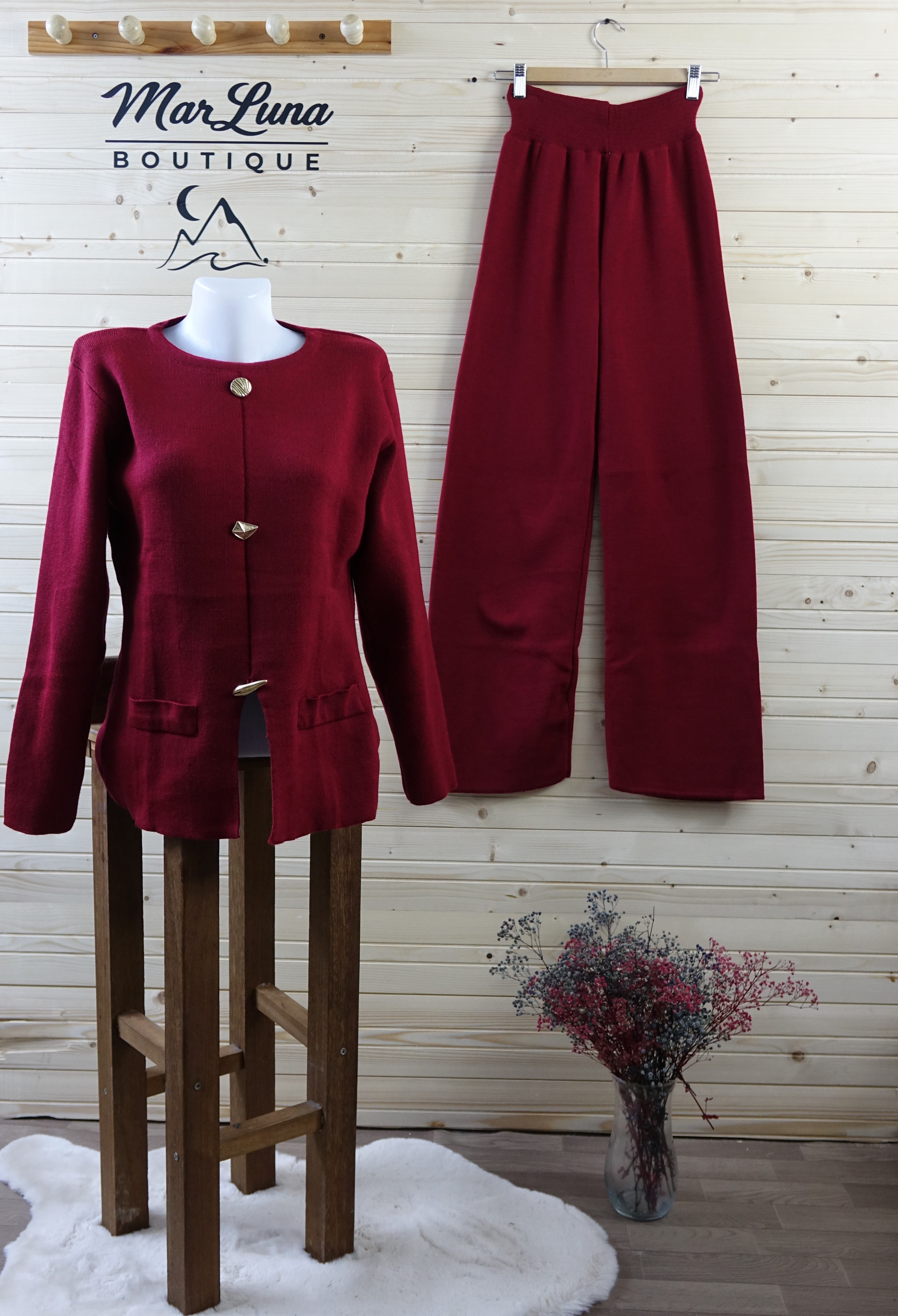 Bordo Triko İkili Takım – Geniş Paça Pantolon & Düğme Detaylı Üst | MarLuna