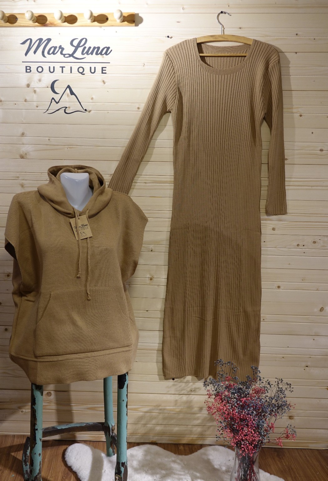 Kadın Uzun Triko Elbise – Kapüşonlu Sweatshirt Kombinli Boho Şık Takım