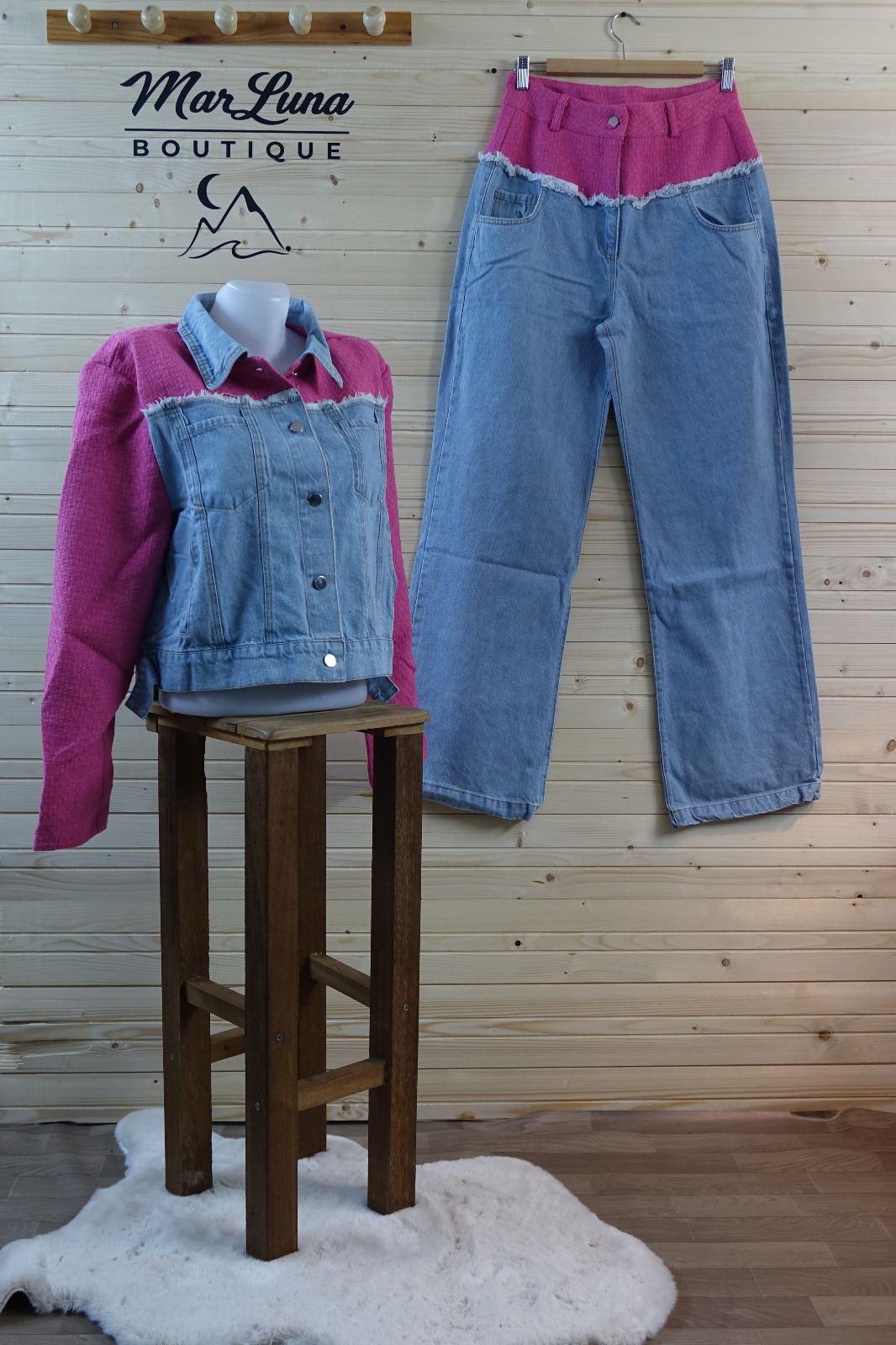 Pembe Kot Ceket Pantolon Takım – Denim Detaylı Kadın İkili Takım