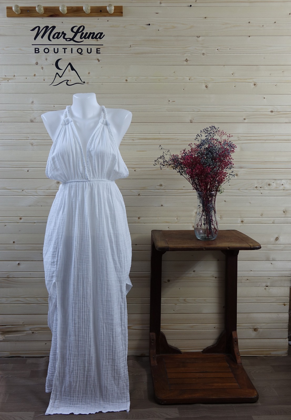 Beyaz Müslin Halka Detaylı Uzun Sahil Elbisesi – Yazlık Tatil Elbisesi | MarLuna