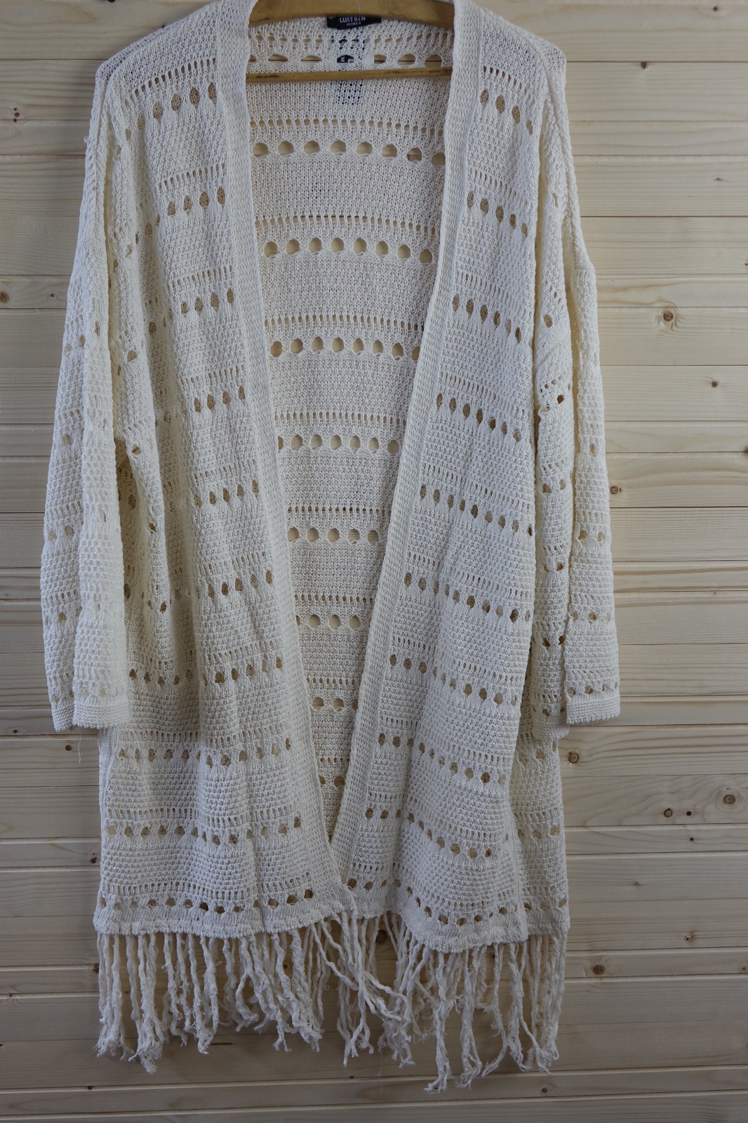 Ekru Ajurlu Triko Hırka – Püskül Detaylı Uzun Kadın Triko Hırka