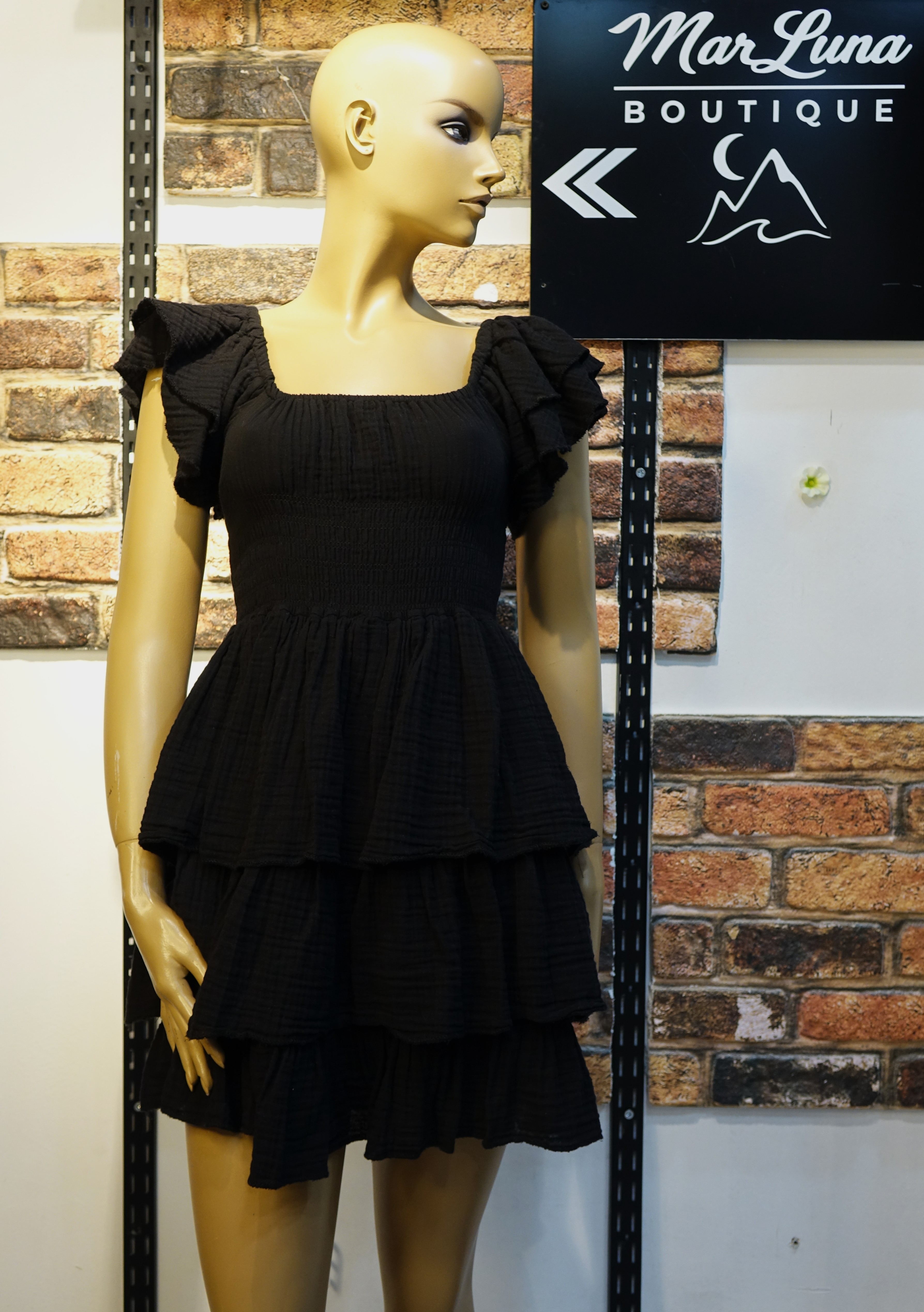 Siyah Fırfırlı Mini Kadın Elbise – Gipeli Bel Detaylı Kat Kat Yazlık Elbise | MarLuna