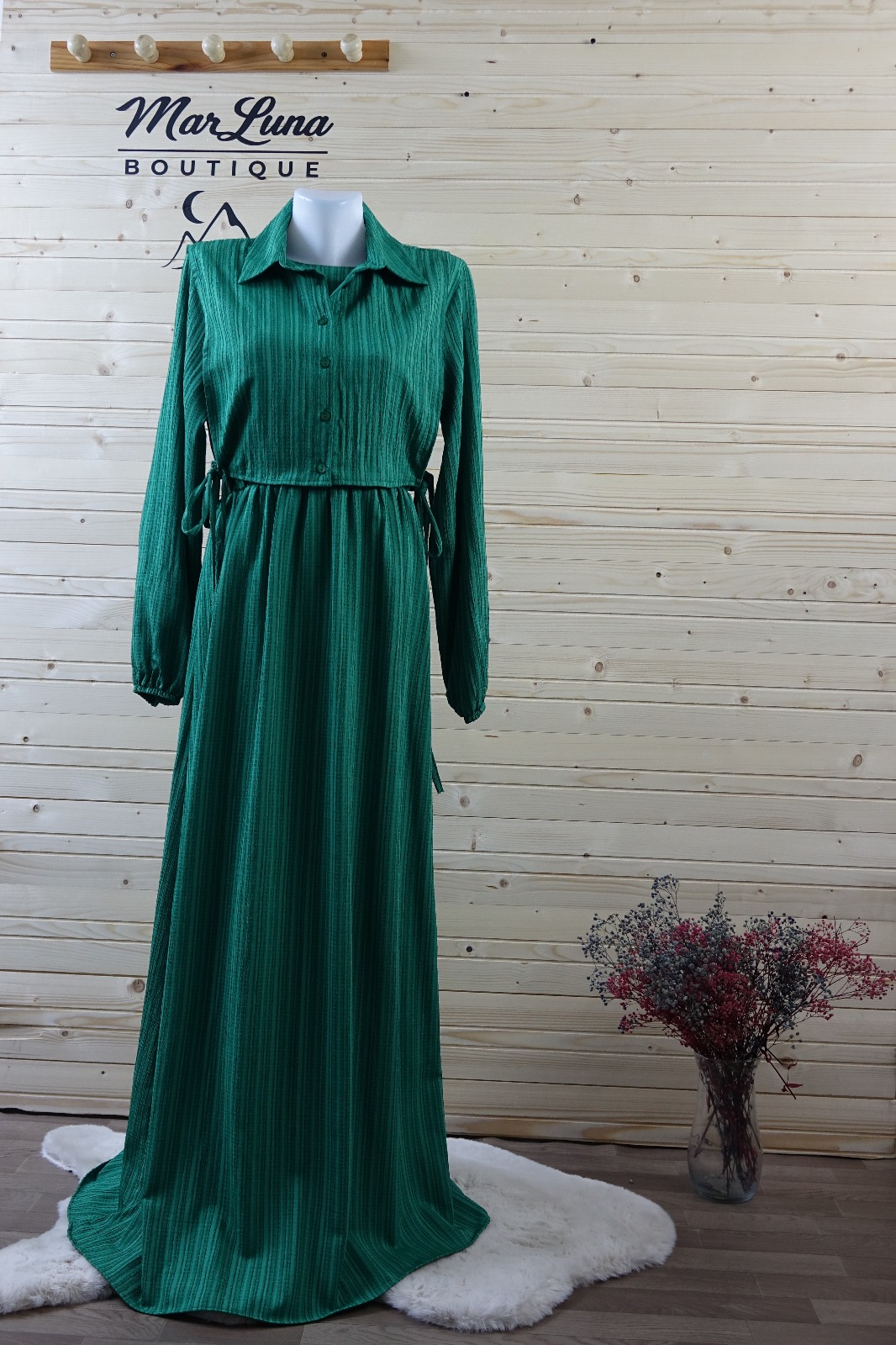 Çıkarılabilir Oversize Üst Detaylı Gizem Yeşili Maxi Elbise – MarLuna Signature