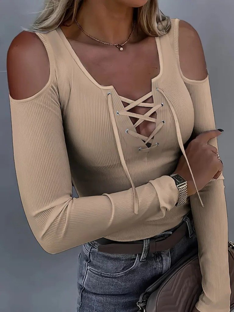 Bej Bağcıklı Omuz Dekolteli Bluz – Kadın Fitilli Uzun Kollu Bluz