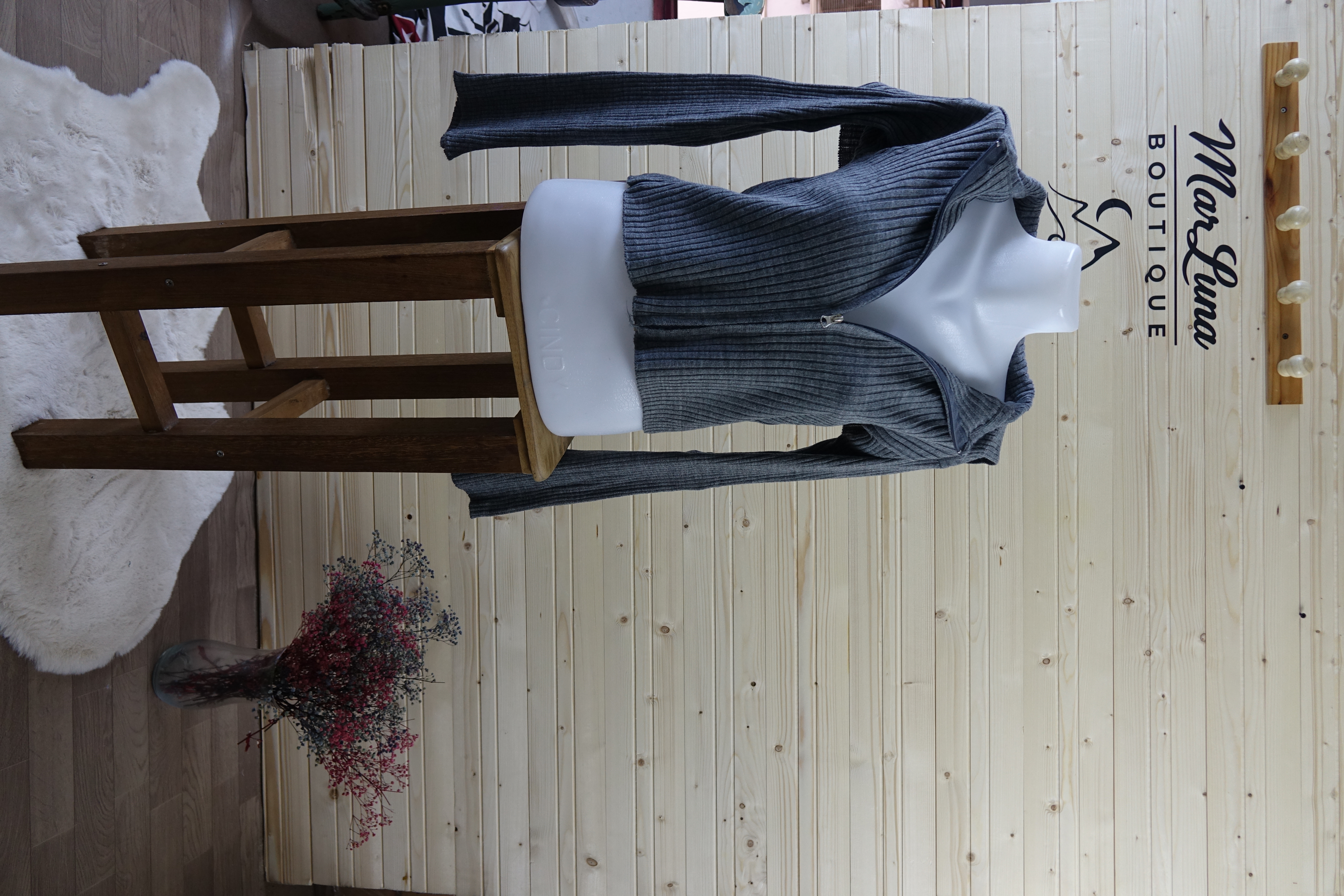 Antrasit Fermuarlı Fit Kadın Triko Bluz