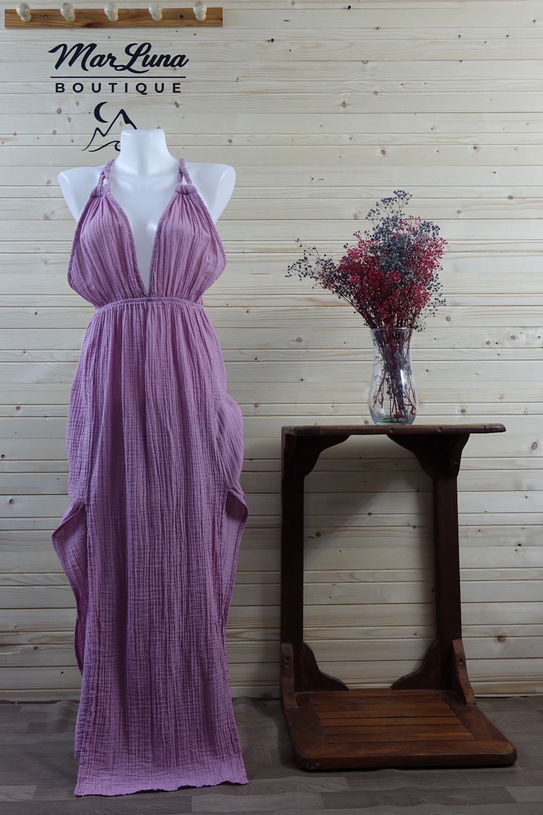 Lavanta Müslin Halter Uzun Elbise