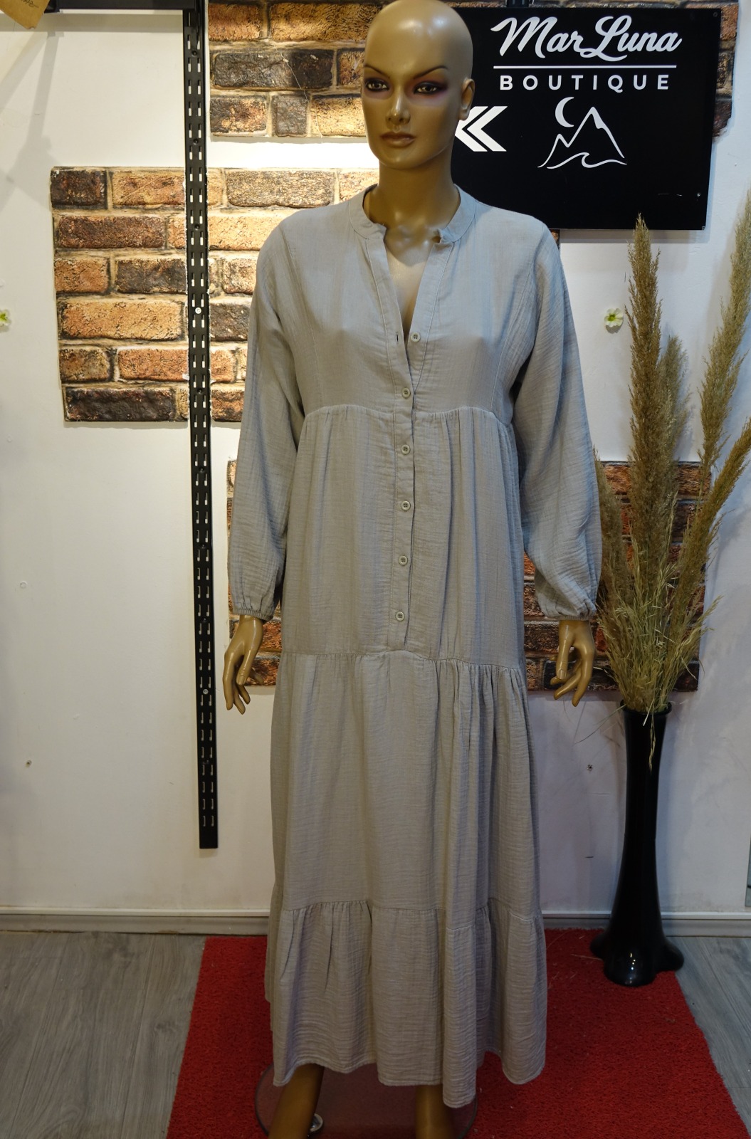 Taş Gri Tonlu Kadın Uzun Gömlek Elbise – Standart Beden