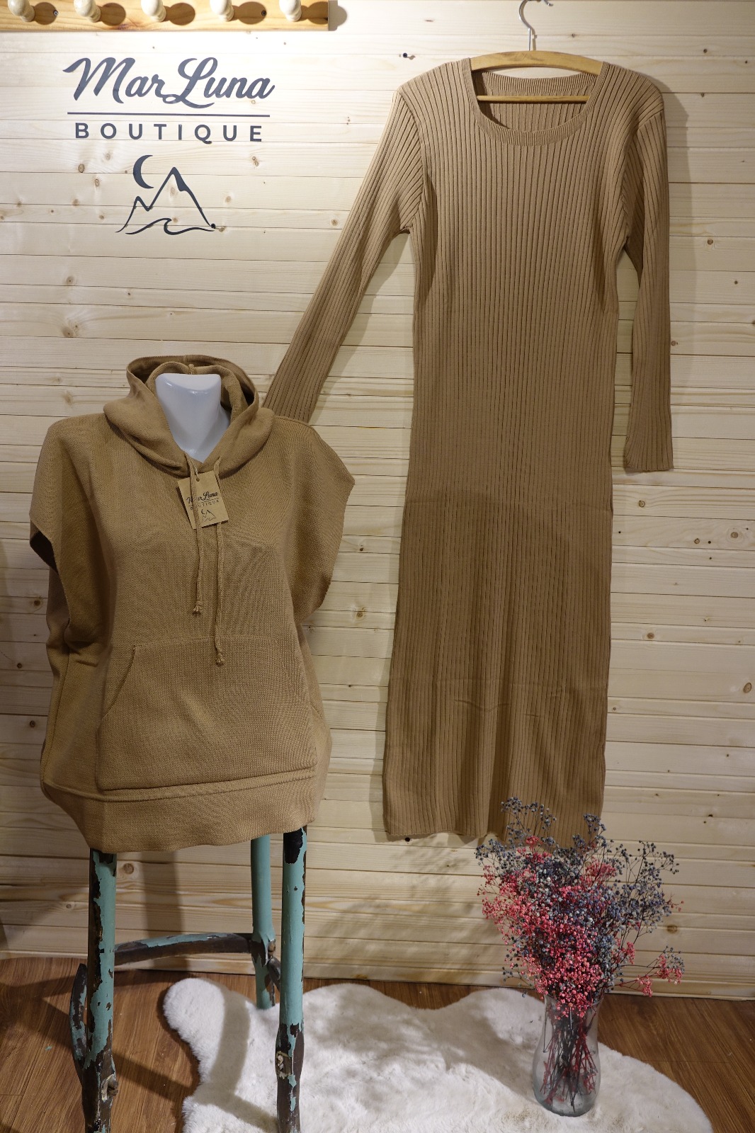 Kapüşonlu İki Parça Triko Set – Bisküvi Renk Maxi Elbise & Oversize Hoodie Üst | MarLuna Cozy Set