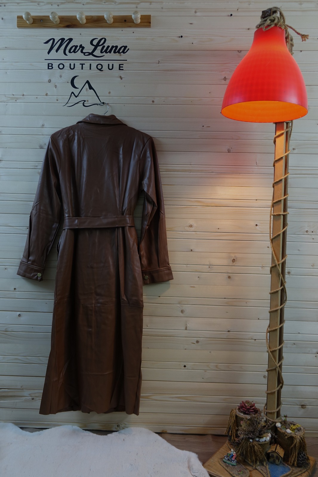 MarLuna Kemerli Suni Deri Midi Elbise – Kahve (S-M-L)