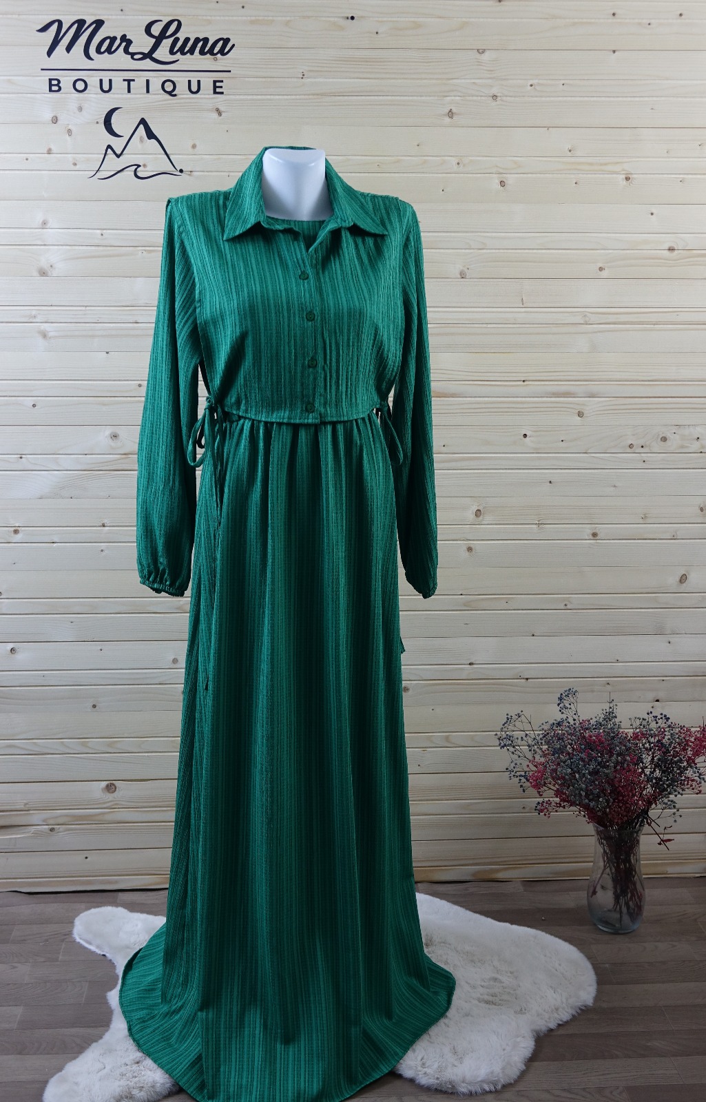 Çıkarılabilir Oversize Üst Detaylı Gizem Yeşili Maxi Elbise – MarLuna Signature