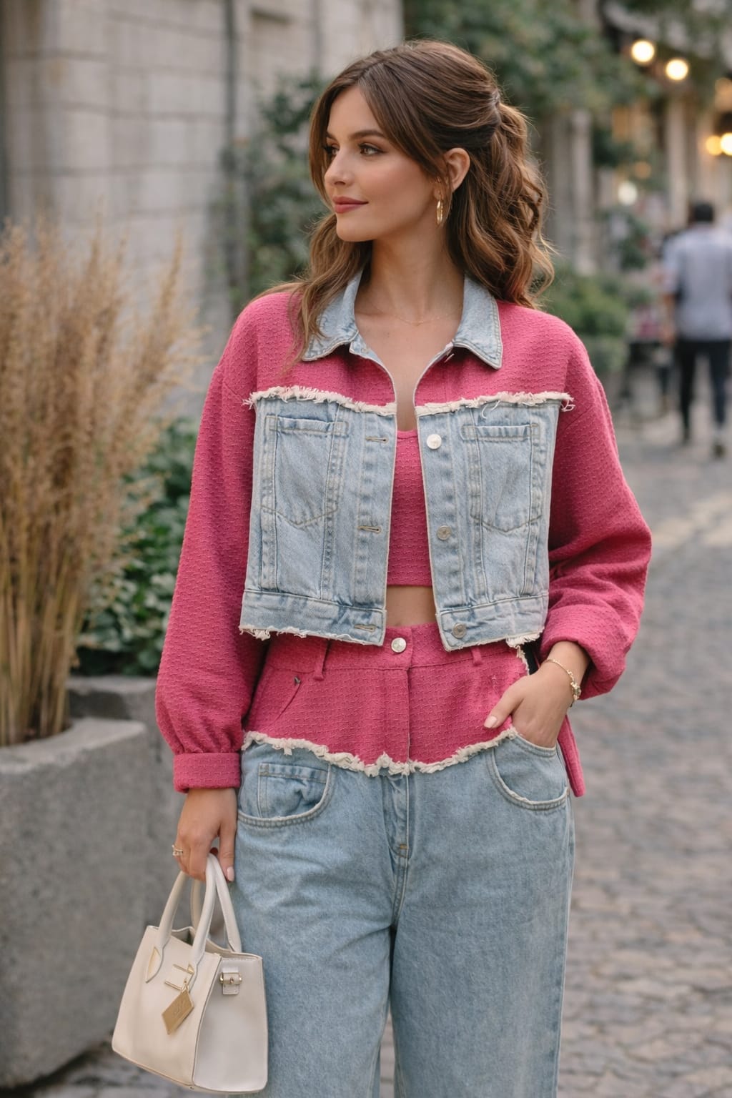 Pembe Kot Ceket Pantolon Takım – Denim Detaylı Kadın İkili Takım