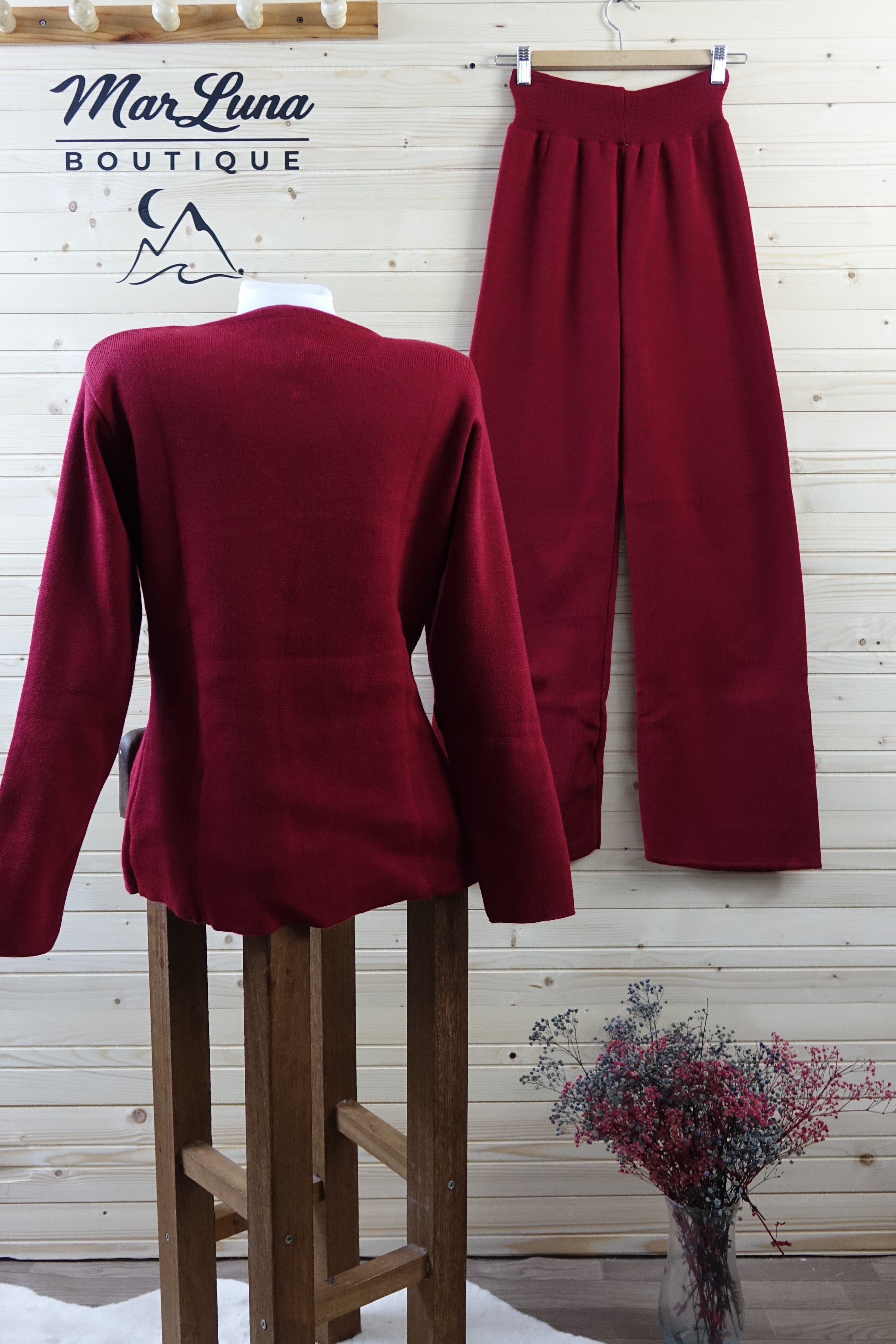 Bordo Triko İkili Takım – Geniş Paça Pantolon & Düğme Detaylı Üst | MarLuna