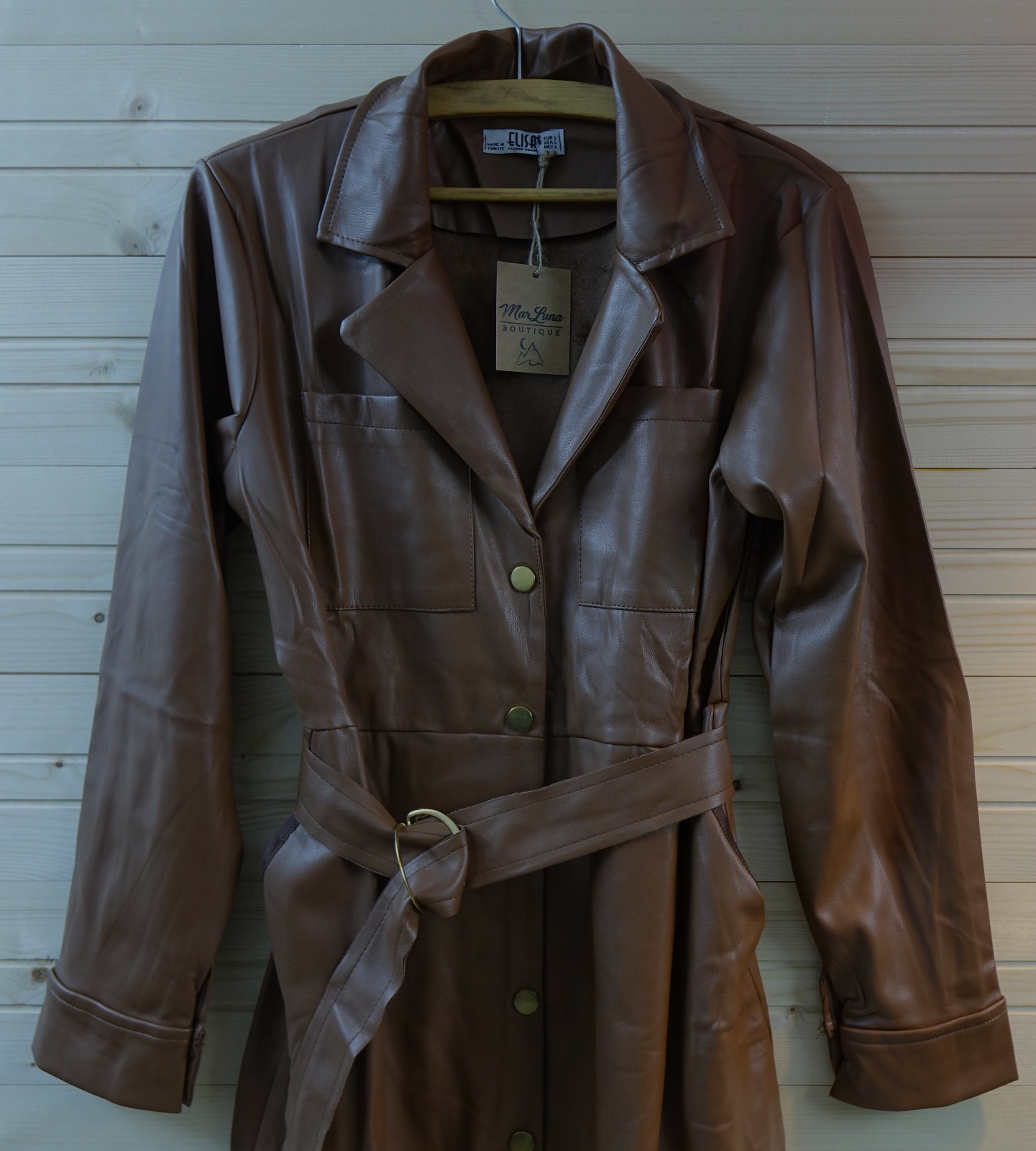 MarLuna Kemerli Suni Deri Midi Elbise – Kahve (S-M-L)