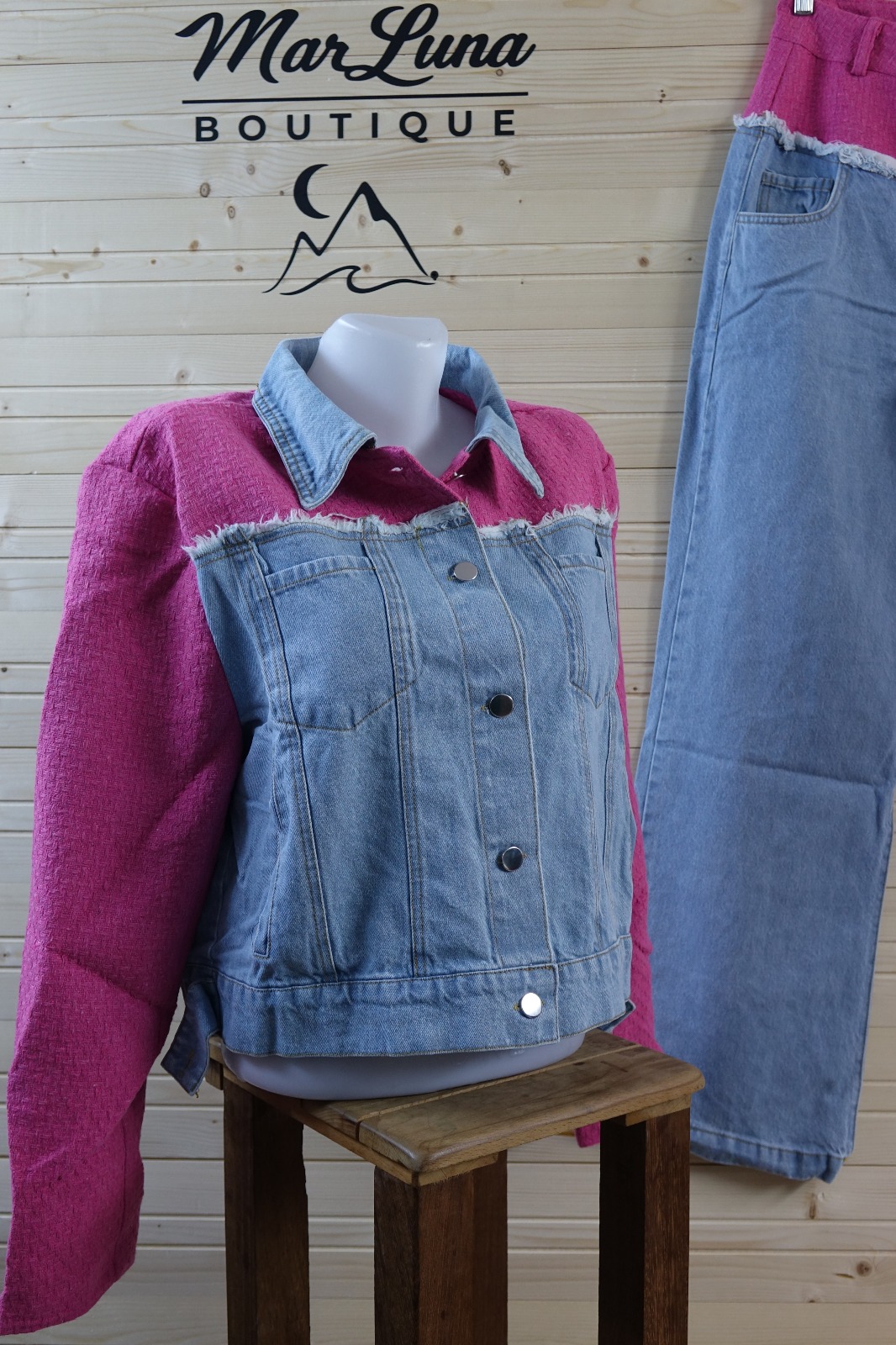 Pembe Kot Ceket Pantolon Takım – Denim Detaylı Kadın İkili Takım