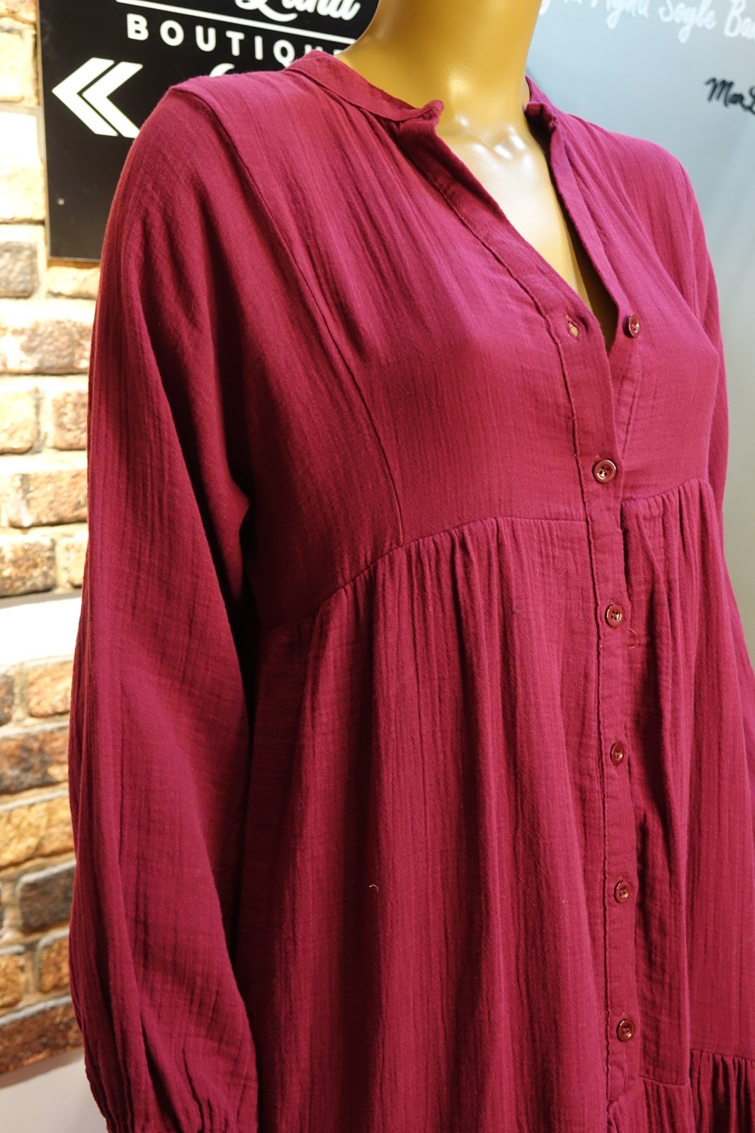 Bordo Tonlu Kadın Uzun Gömlek Elbise – Standart Beden