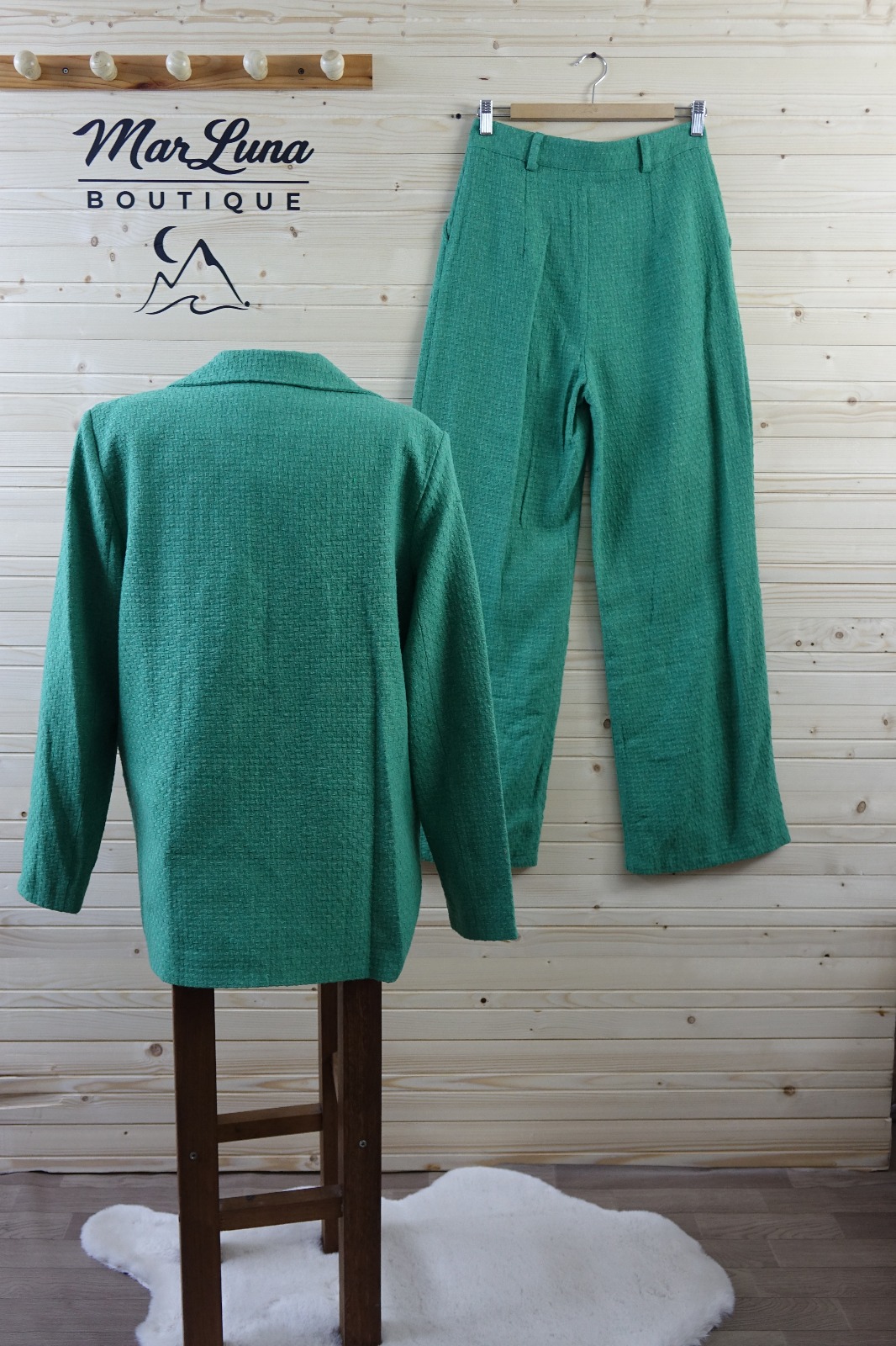 Üçlü Takım – Dokulu Blazer Ceket + Yelek + Pantolon (Yeşil)