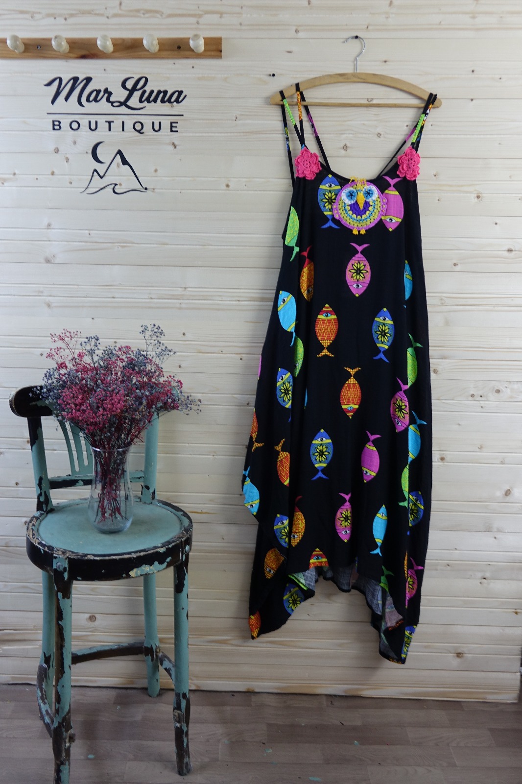 Ege Balık Desenli Bohem Yazlık Elbise