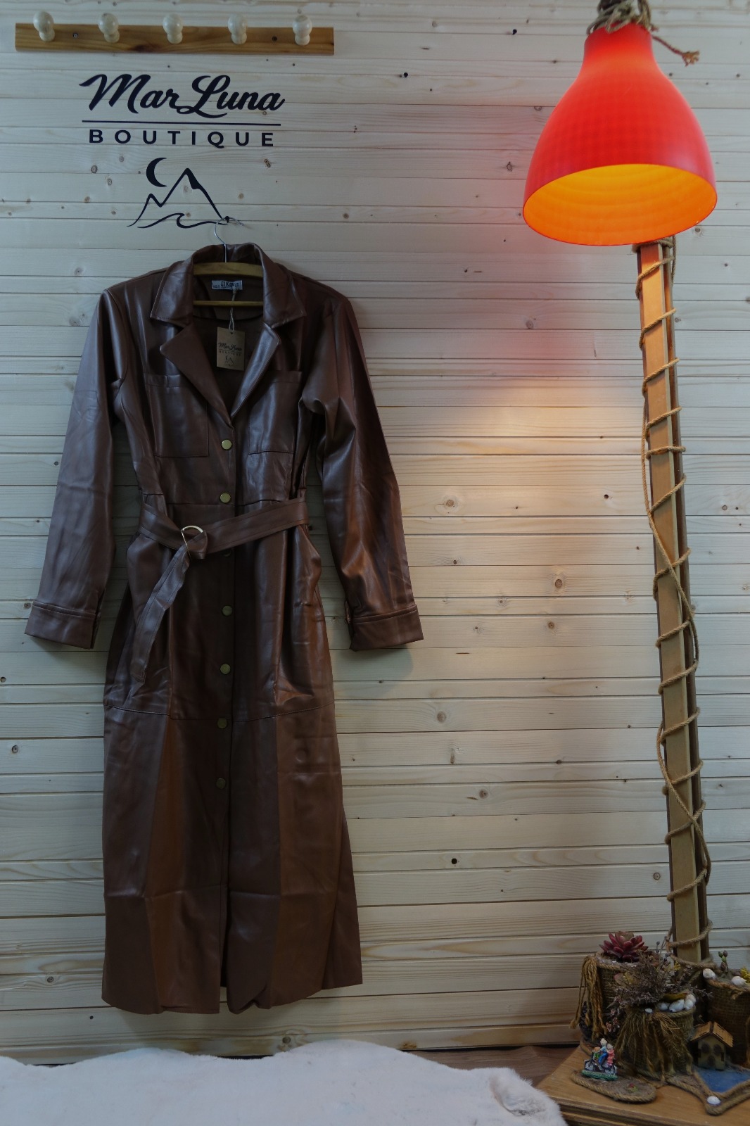 MarLuna Kemerli Suni Deri Midi Elbise – Kahve (S-M-L)