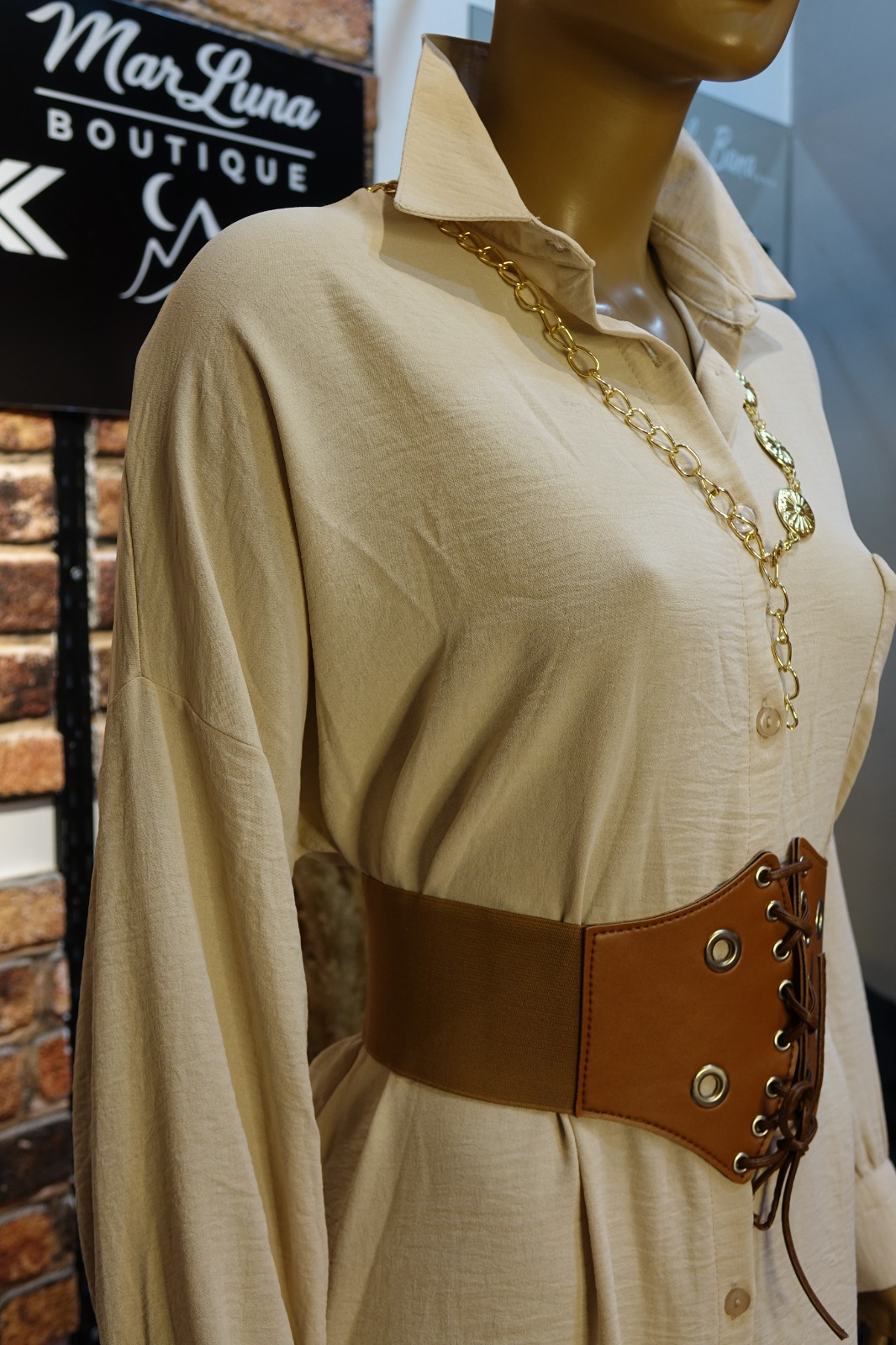 Doğal Krem Tonlu Kadın Uzun Gömlek Elbise – Standart Beden