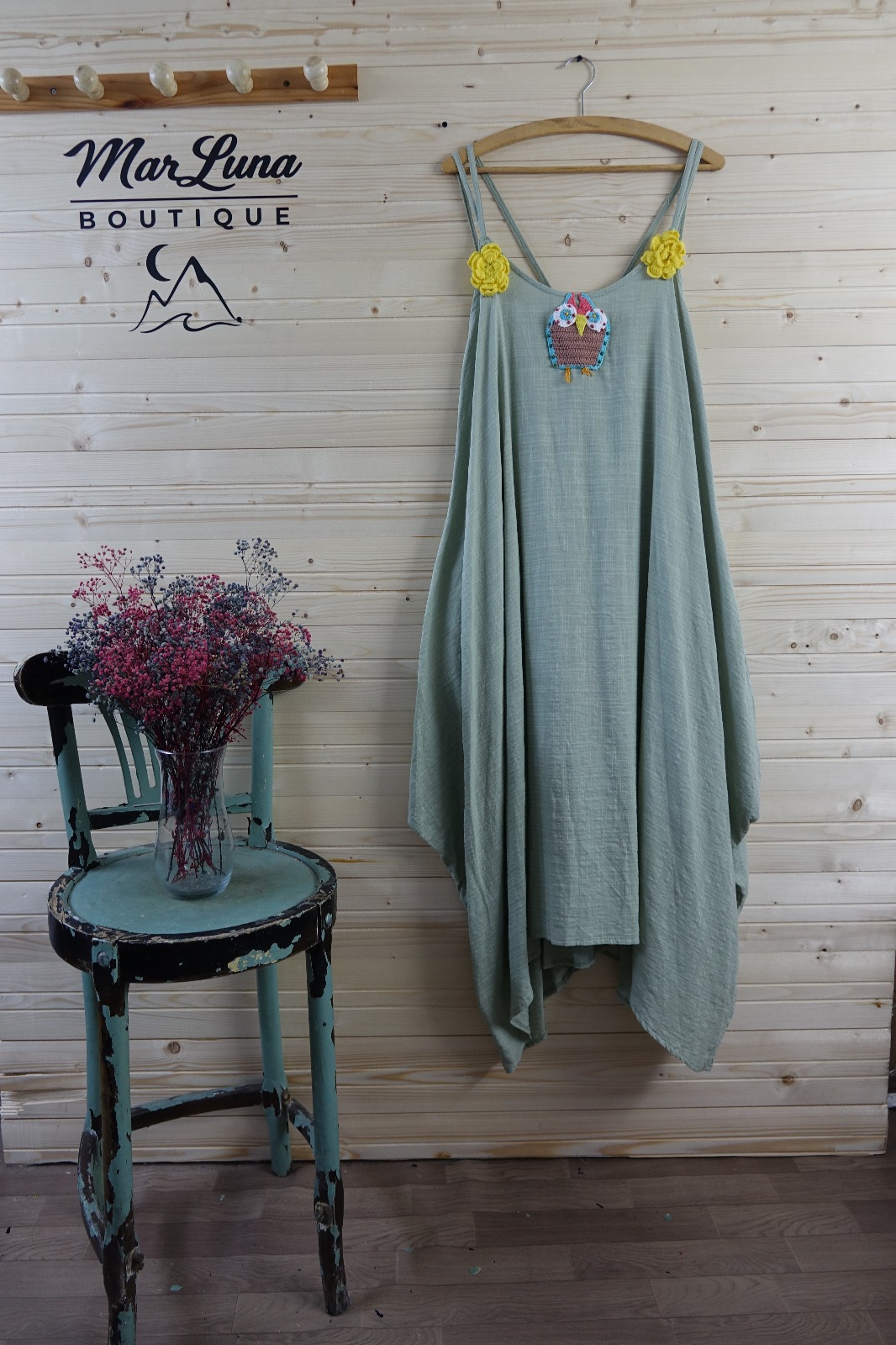 Ada Yeşili Baykuş Bohem Elbise