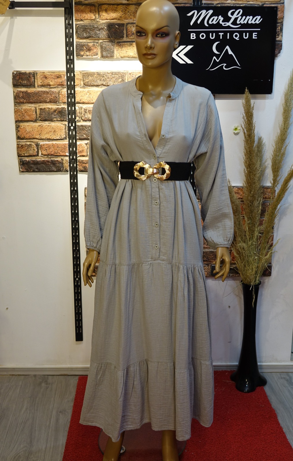 Taş Gri Tonlu Kadın Uzun Gömlek Elbise – Standart Beden