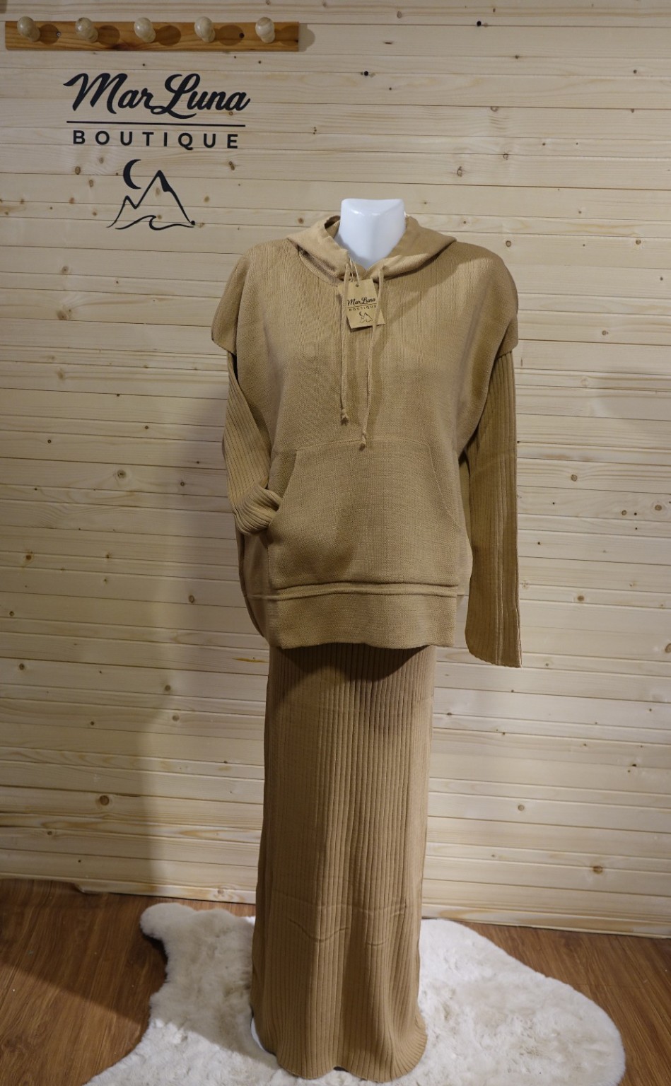 Kadın Uzun Triko Elbise – Kapüşonlu Sweatshirt Kombinli Boho Şık Takım