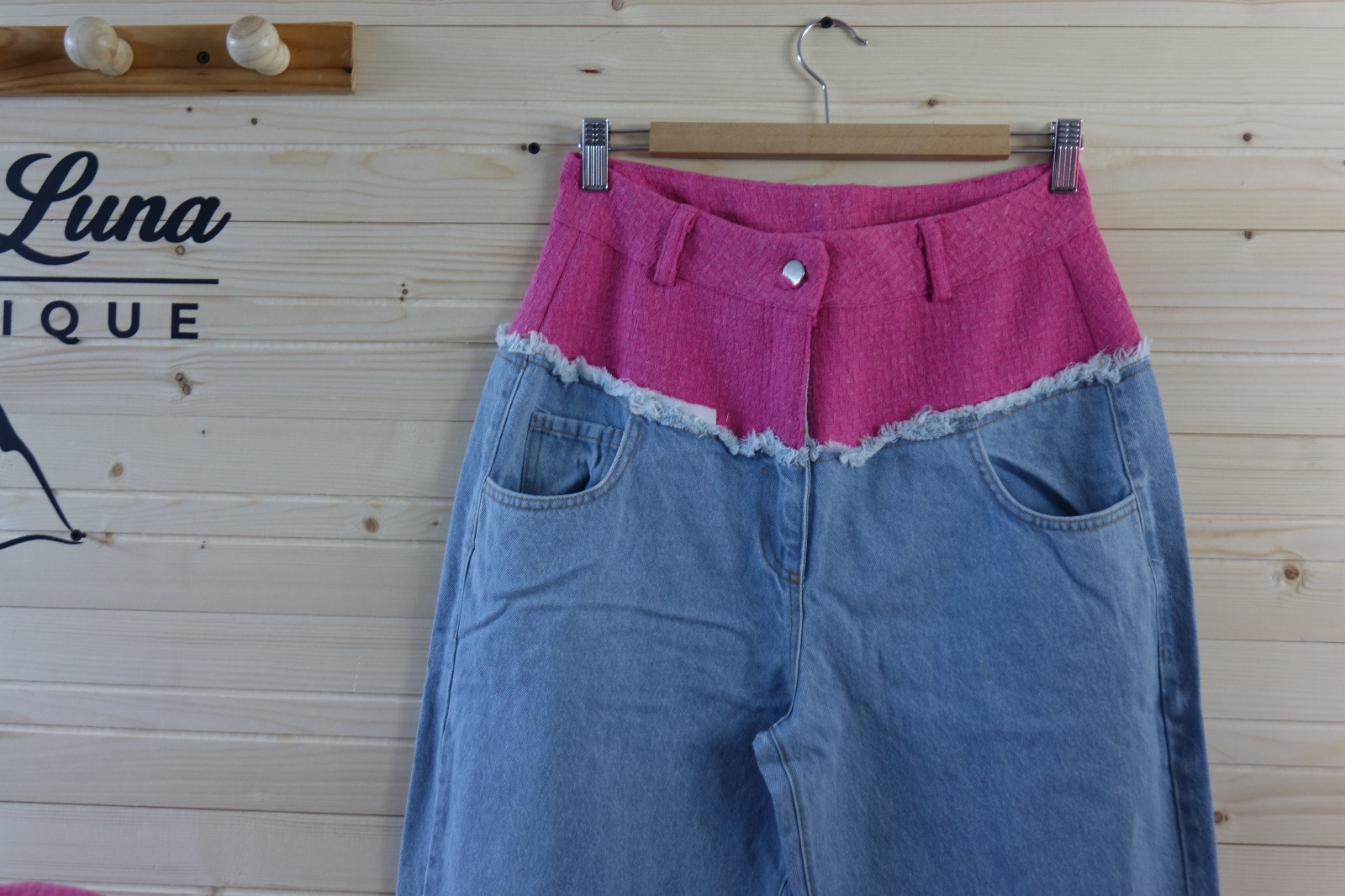 Pembe Kot Ceket Pantolon Takım – Denim Detaylı Kadın İkili Takım