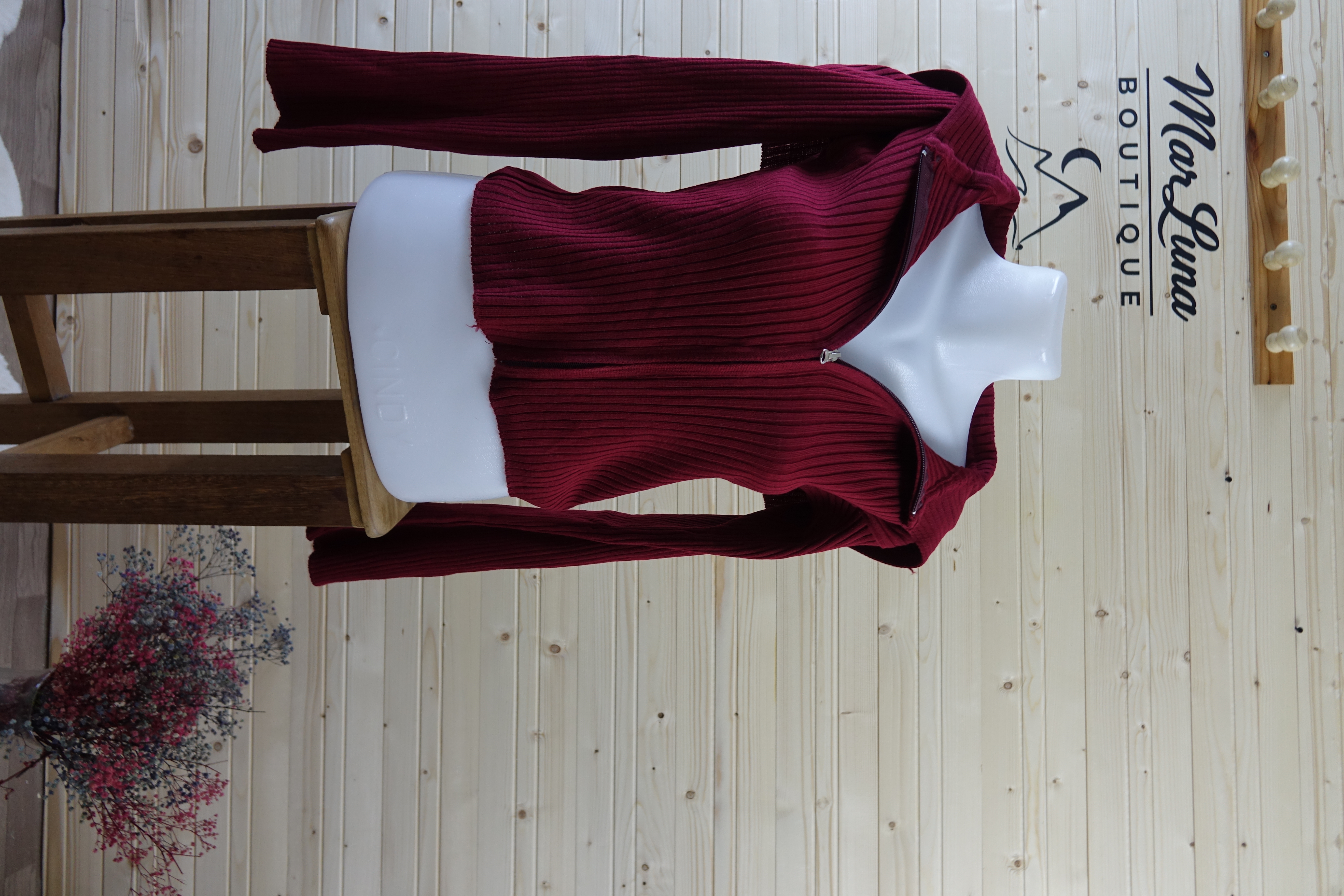 Bordo Fermuarlı Fit Kadın Triko Bluz