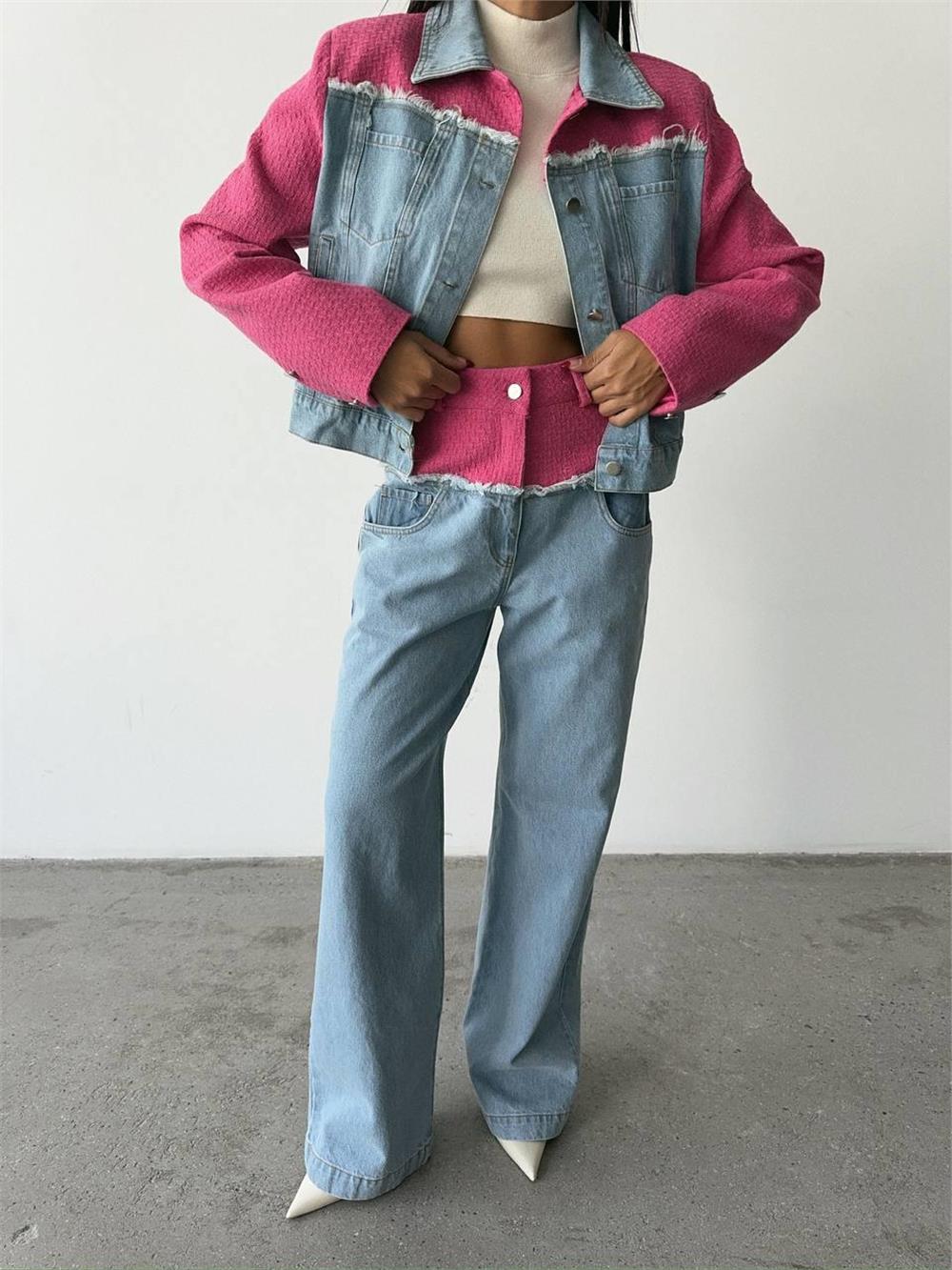 Pembe Kot Ceket Pantolon Takım – Denim Detaylı Kadın İkili Takım