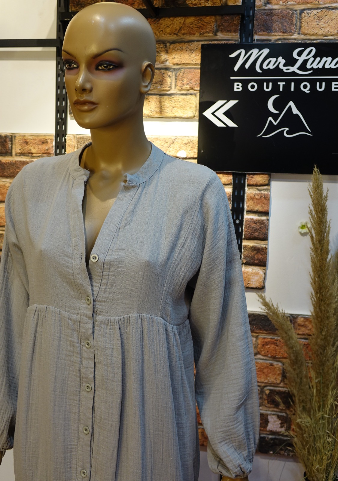 Taş Gri Tonlu Kadın Uzun Gömlek Elbise – Standart Beden