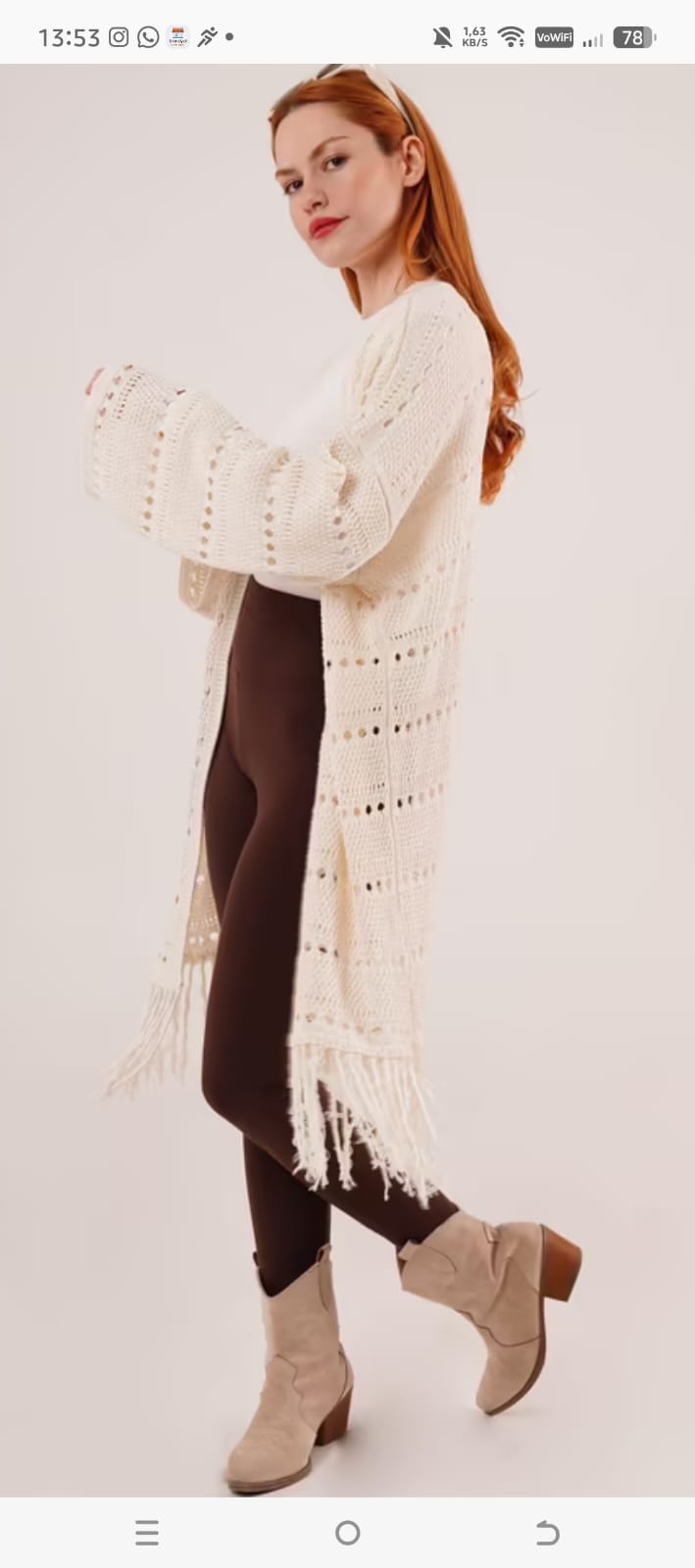 Ekru Ajurlu Triko Hırka – Püskül Detaylı Uzun Kadın Triko Hırka