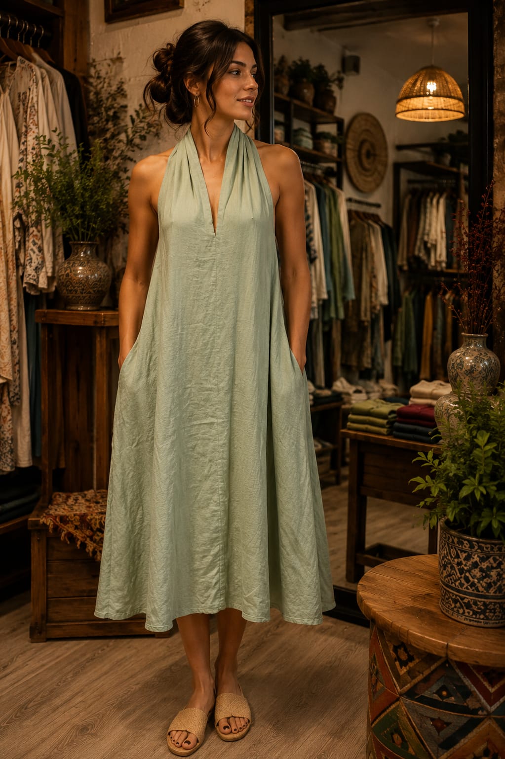 Halter Yaka Keten Elbise Cepli Adaçayı Yeşili - MarLuna Boho