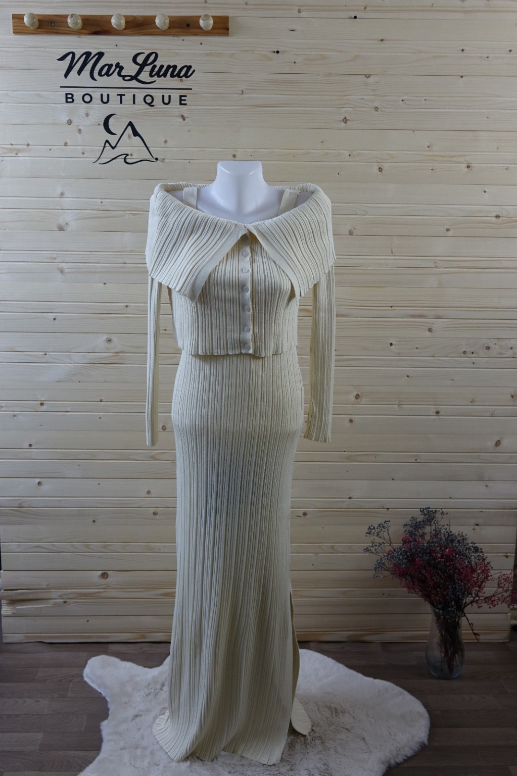 Kadın Uzun Triko Elbise Takım – Omuz Detaylı Hırkalı Boho Şık Elbise