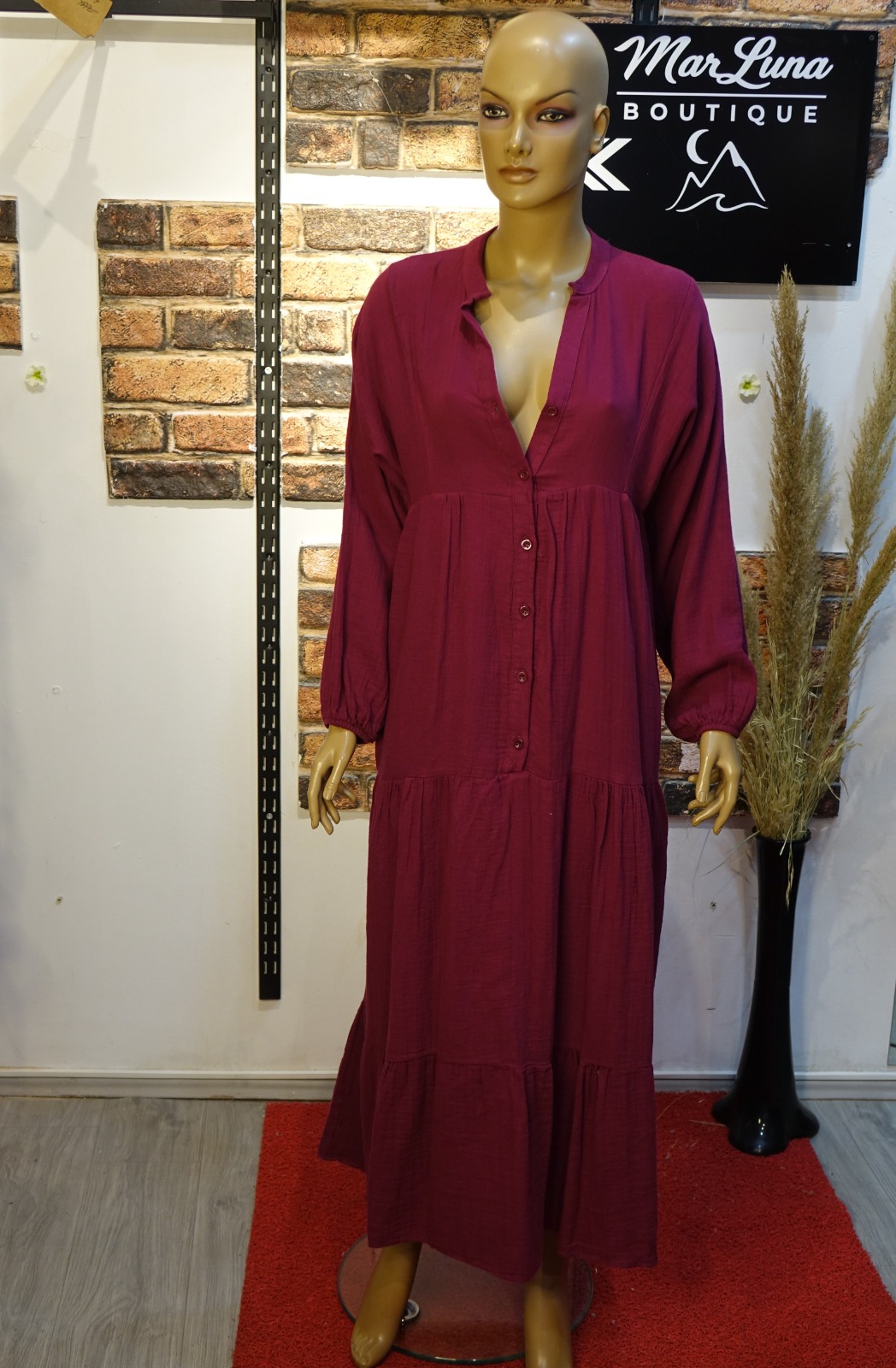 Bordo Tonlu Kadın Uzun Gömlek Elbise – Standart Beden