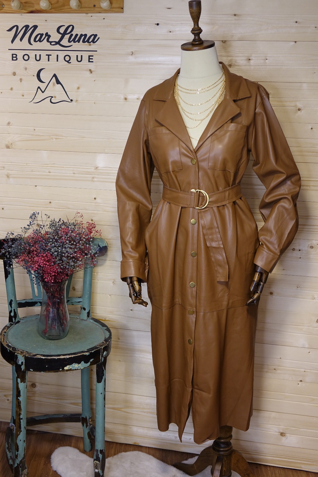 MarLuna Kemerli Suni Deri Midi Elbise – Kahve (S-M-L)